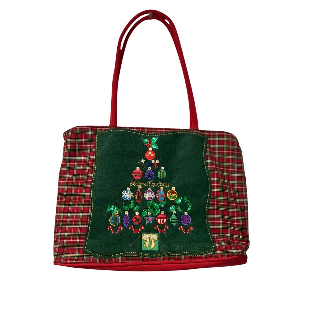 Christmas Tote Bag Plaid Ornament Tree Embroidered Beaded Y2K Holiday Kim Rogers